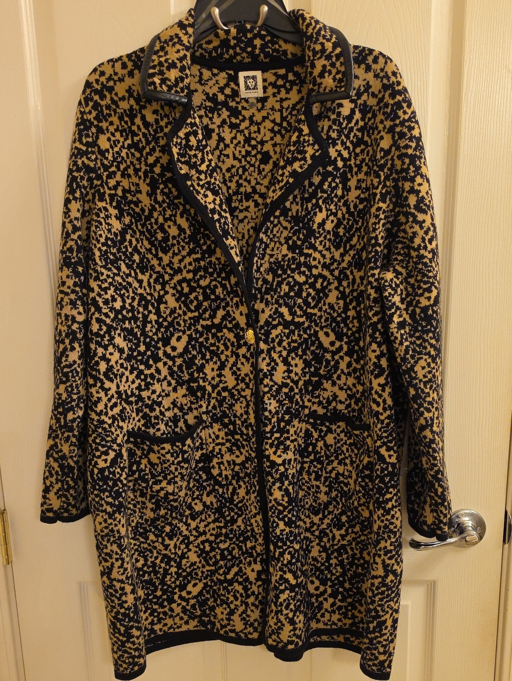 Anne Klein Beige and Black Patterned Long Cardigan with Black Trim